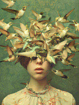 Abstrakte Illustration: Ein Schwarm Kolibris schwirrt um den Kopf einer jungen Frau. KI generiert,