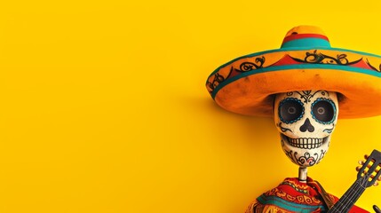 Mexican Cinco de Mayo skeleton calavera puppet wearing a sombrero hat and guitar. Fun festive background with copy space.  