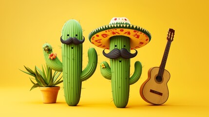 Cinco de Mayo cartoon cactus wearing a Mexican sombrero ha, moustache and guitar. Fun festive background.