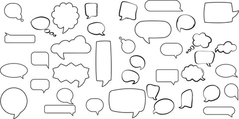 Vector chat speech or dialogue. Set of hand-drawn speech bubbles. There are icons such as arrows, dots, and sparkles.