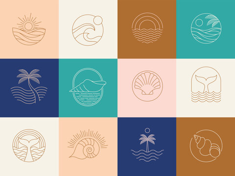 Bohemian linear logos, icons and symbols, sea, ocean, beach and surfing. Sun, seashell and palm design templates, geometric abstract design elements for decoration