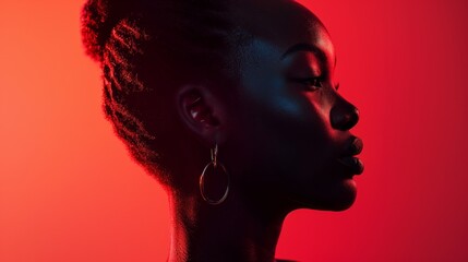 A woman with a black afro and hoop earrings in front of red background, AI - obrazy, fototapety, plakaty