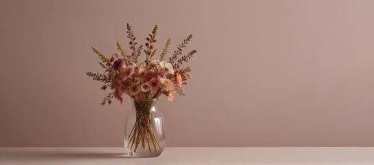 Transparent vase with a bouquet of dried flowers on a plain background - obrazy, fototapety, plakaty