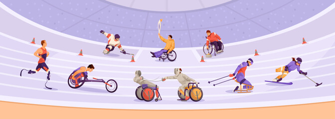 Athletes with disabilities competing in various sports on a purple background, concept of inclusivity and Paralympic Games, Vector illustration. Vector illustration
