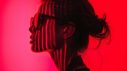 A woman with sunglasses and a red background in silhouette, AI