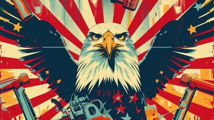 Traditional American symbols such as the bald eagle, historical instruments and folklore elements in a contemporary art style poster. Labor Day - a tribute to American work culture - obrazy, fototapety, plakaty
