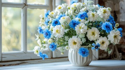   A white vase with blue and white flowers on the window sill, facing a pristine white windowsill