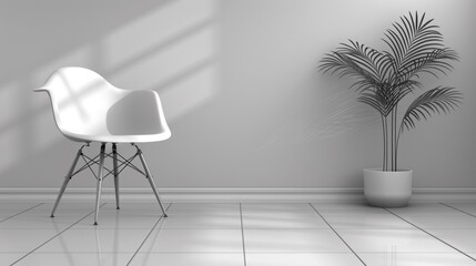 A white chair in a room with potted plant and wall, AI