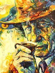 Surreale Illustration: Alter Mann trinkt eine Tasse Kaffee. KI generiert. - 784063999