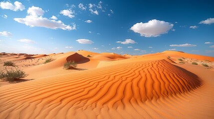   A collection of sand dunes in the desert, beneath a blue sky adorned with white clouds, features a few green plants in the foreground - obrazy, fototapety, plakaty