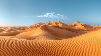   A desert scene with sand dunes and a blue sky dotted with wispy clouds in the distance