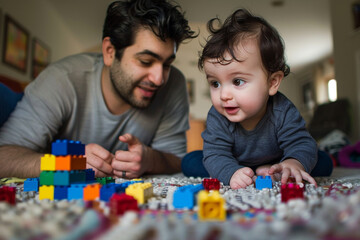 A father and baby playing with a stack of building blocks