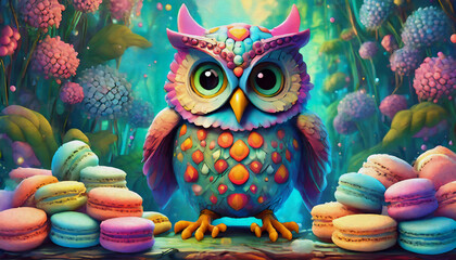 oil painting style cartoon character Multicolored owl confectioner showcases perfectly crafted Macaroons