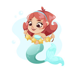 A cheerful mermaid cartoon character with red hair, holding a string of stars, on a light blue background, Vector illustration. Vector illustration