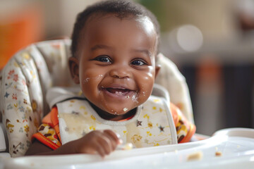 A cute baby sitting in a high chair, eagerly trying their first taste of solid food, with the mom's encouraging smile.