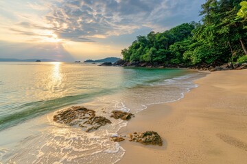 Serene Tropical Beach Sunset, Tranquil Nature Scene