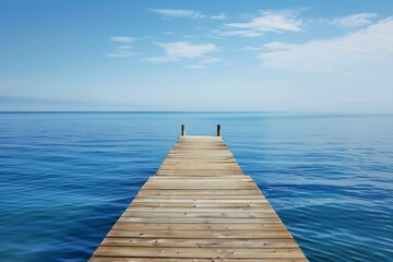 Fototapeta premium Tranquil Wooden Pier Over Serene Blue Sea, Relaxation Concept