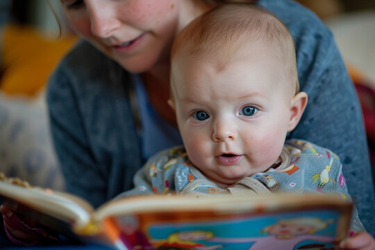 A cute baby sitting on the mom's lap, fascinated by a picture book.