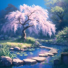 An Enchanted Journey through a Japanese Garden with Blossoming Cherry Tree and Rock-Lined Pond