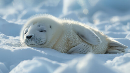   A white seal rests atop a snow-covered ground, its eyes closed, head turned aside
