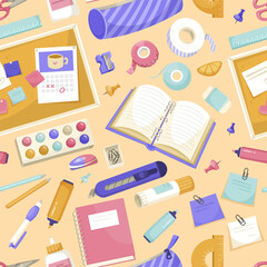 Illustrated collection of various school supplies, colorful, on a pastel background, concept of education and creativity, Vector illustration. Vector illustration