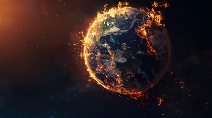 a dramatic scene of our planet Earth. One side of the Earth is engulfed in intense flames, signifying a catastrophic event.