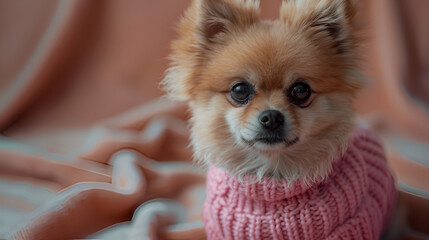 Cute dog in a sweater with a pink belly