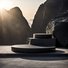 Black stone podium with sun shadow for product display in rock shape background 