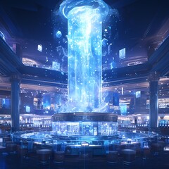 Award-Winning Casino Atrium Illuminated by Spectacular Blue and White Waterfall - obrazy, fototapety, plakaty