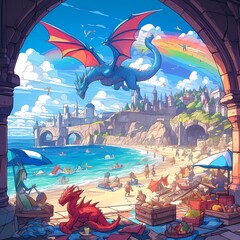 Discover a magical fantasy beach where dragons soar and adventure awaits. This enchanting image captures the essence of wonder, inviting viewers into an otherworldly landscape.