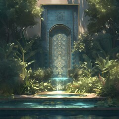 Experience tranquility in an opulent garden with a luxurious fountain and intricate blue tile accents. Perfect for serene moments or high-end branding needs. - obrazy, fototapety, plakaty
