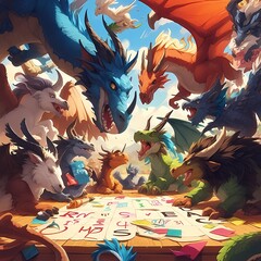 Enchanting Scene of Friendly Dragons and Fabled Beasts Engaging in a Magical Meeting - obrazy, fototapety, plakaty