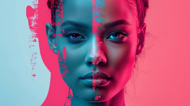 A woman with a blue and pink face in two different pictures, AI