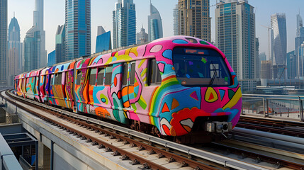 Fototapeta premium Dubai Metro Train Covered with Yarn is Driven Down