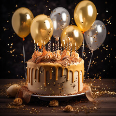 Birthday cake with candles and ballons decoration