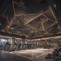 State-of-the-Art Fitness Center: Luminous Gym Floor with Golden Geometric Ceiling - obrazy, fototapety, plakaty