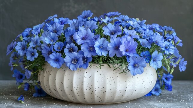   A white vase, brimming with blue blooms, sits atop a cement floor speckled with flower remnants