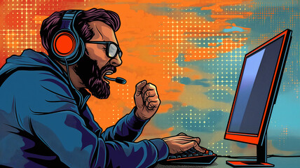 Pop art concept. Pop Art Man Wearing Headphones Playing Video Game on Computer.