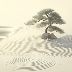 Cultivate Peace and Harmony with the Ultimate Zen Garden Stock Image. Featuring a Small Bonsai Tree, Stone Garden Element & Sweeping Sand Patterns