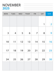 November 2025 - Calendar 2025 template vector illustration, week start on monday, Wall calendar 2025 design, Desk calendar template, corporate planner template, Stationery, organizer diary, vector