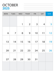 October 2025 - Calendar 2025 template vector illustration, week start on monday, Wall calendar 2025 design, Desk calendar template, corporate planner template, Stationery, organizer diary, vector