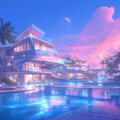 Escape to the Ultimate Tropical Getaway: Iridescent Isle Luxury Resort - obrazy, fototapety, plakaty