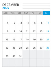 December 2025 - Calendar 2025 template vector illustration, week start on monday, Wall calendar 2025 design, Desk calendar template, corporate planner template, Stationery, organizer diary, vector