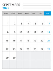 September 2025 - Calendar 2025 template vector illustration, week start on monday, Wall calendar 2025 design, Desk calendar template, corporate planner template, Stationery, organizer diary, vector