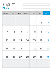 August 2025 - Calendar 2025 template vector illustration, week start on monday, Wall calendar 2025 design, Desk calendar template, corporate planner template, Stationery, organizer diary, vector