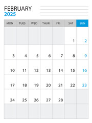 February 2025 - Calendar 2025 template vector illustration, week start on monday, Wall calendar 2025 design, Desk calendar template, corporate planner template, Stationery, organizer diary, vector