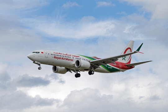 Royal Air Maroc Boeing 737 Max 8 plane landing at London's Heathrow Airport. London - 1st August 2023