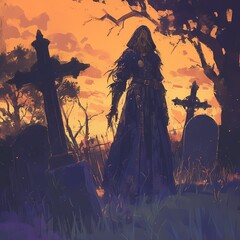 Dark Knight Wraith Standing in Cemetery - obrazy, fototapety, plakaty