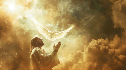 
Jesus Cristo e pomba da paz, luz e nuvens ao fundo