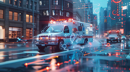 The central focus is a white ambulance with red and blue emergency lights activated. It’s speeding down a city street, likely responding to an emergency. - obrazy, fototapety, plakaty